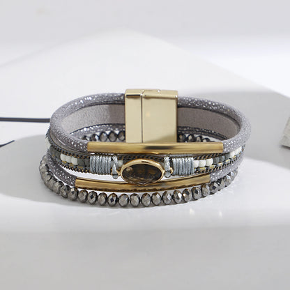 ALLYES Charm Crystal Stone Beaded Leather Bracelet for Women Retro Metal Tube Handmade Braided Multilayer Wrap Bracelets Jewelry