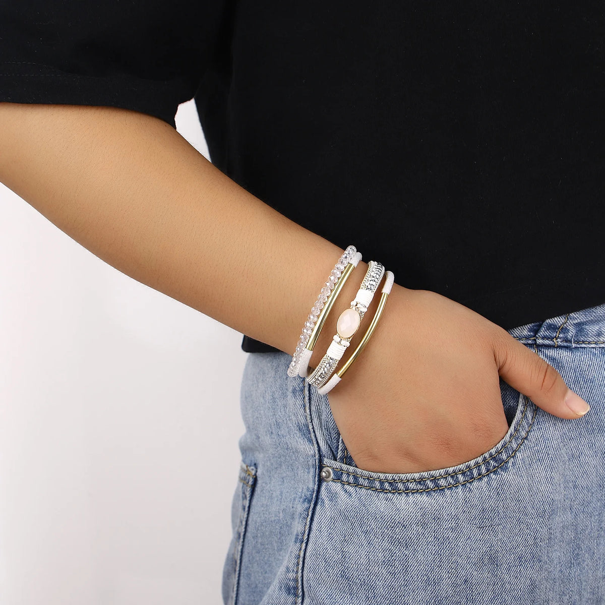 ALLYES Charm Crystal Stone Beaded Leather Bracelet for Women Retro Metal Tube Handmade Braided Multilayer Wrap Bracelets Jewelry