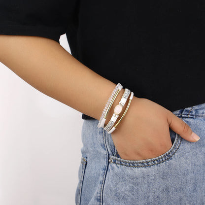 ALLYES Charm Crystal Stone Beaded Leather Bracelet for Women Retro Metal Tube Handmade Braided Multilayer Wrap Bracelets Jewelry