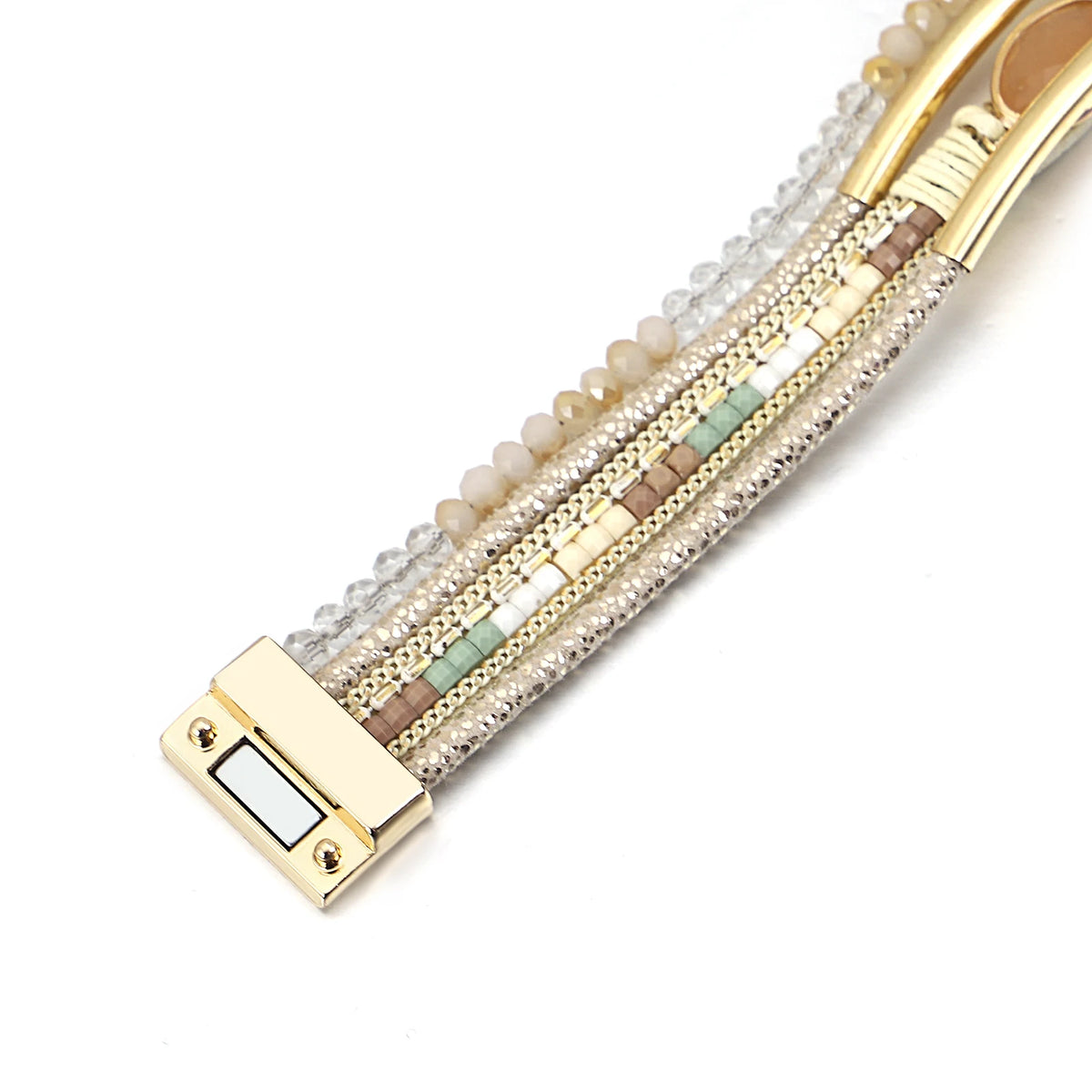 ALLYES Charm Crystal Stone Beaded Leather Bracelet for Women Retro Metal Tube Handmade Braided Multilayer Wrap Bracelets Jewelry