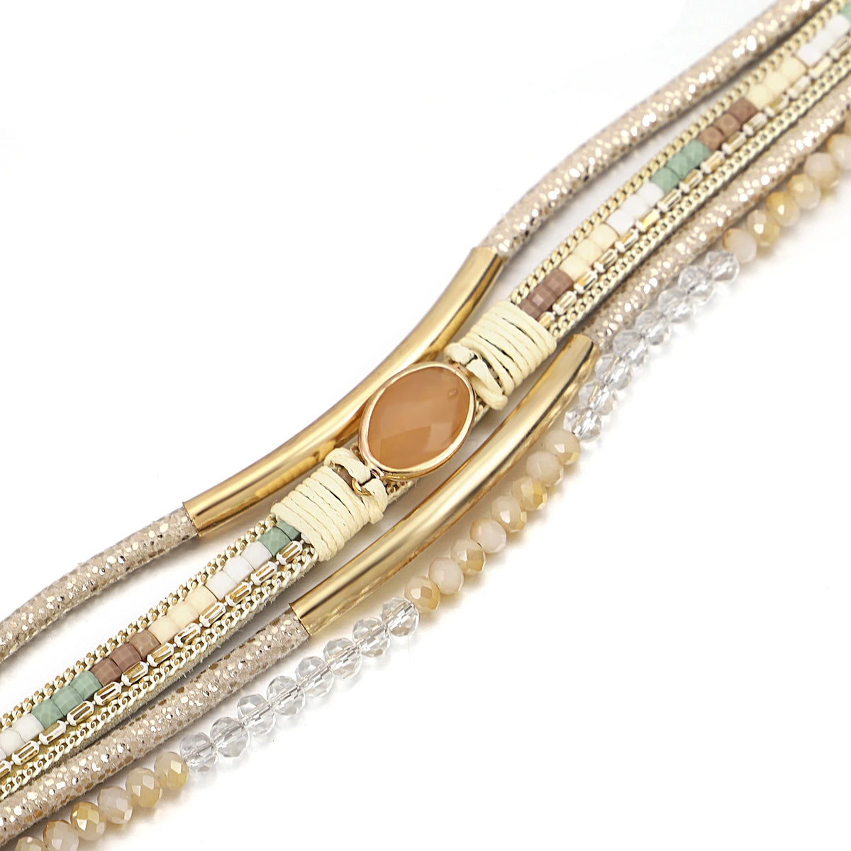 ALLYES Charm Crystal Stone Beaded Leather Bracelet for Women Retro Metal Tube Handmade Braided Multilayer Wrap Bracelets Jewelry