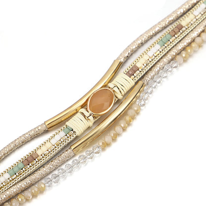 ALLYES Charm Crystal Stone Beaded Leather Bracelet for Women Retro Metal Tube Handmade Braided Multilayer Wrap Bracelets Jewelry