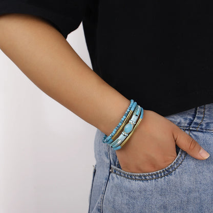 ALLYES Charm Crystal Stone Beaded Leather Bracelet for Women Retro Metal Tube Handmade Braided Multilayer Wrap Bracelets Jewelry