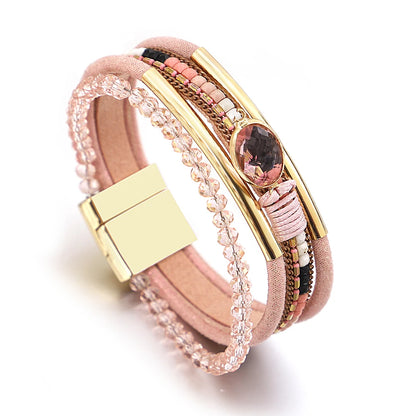 ALLYES Charm Crystal Stone Beaded Leather Bracelet for Women Retro Metal Tube Handmade Braided Multilayer Wrap Bracelets Jewelry
