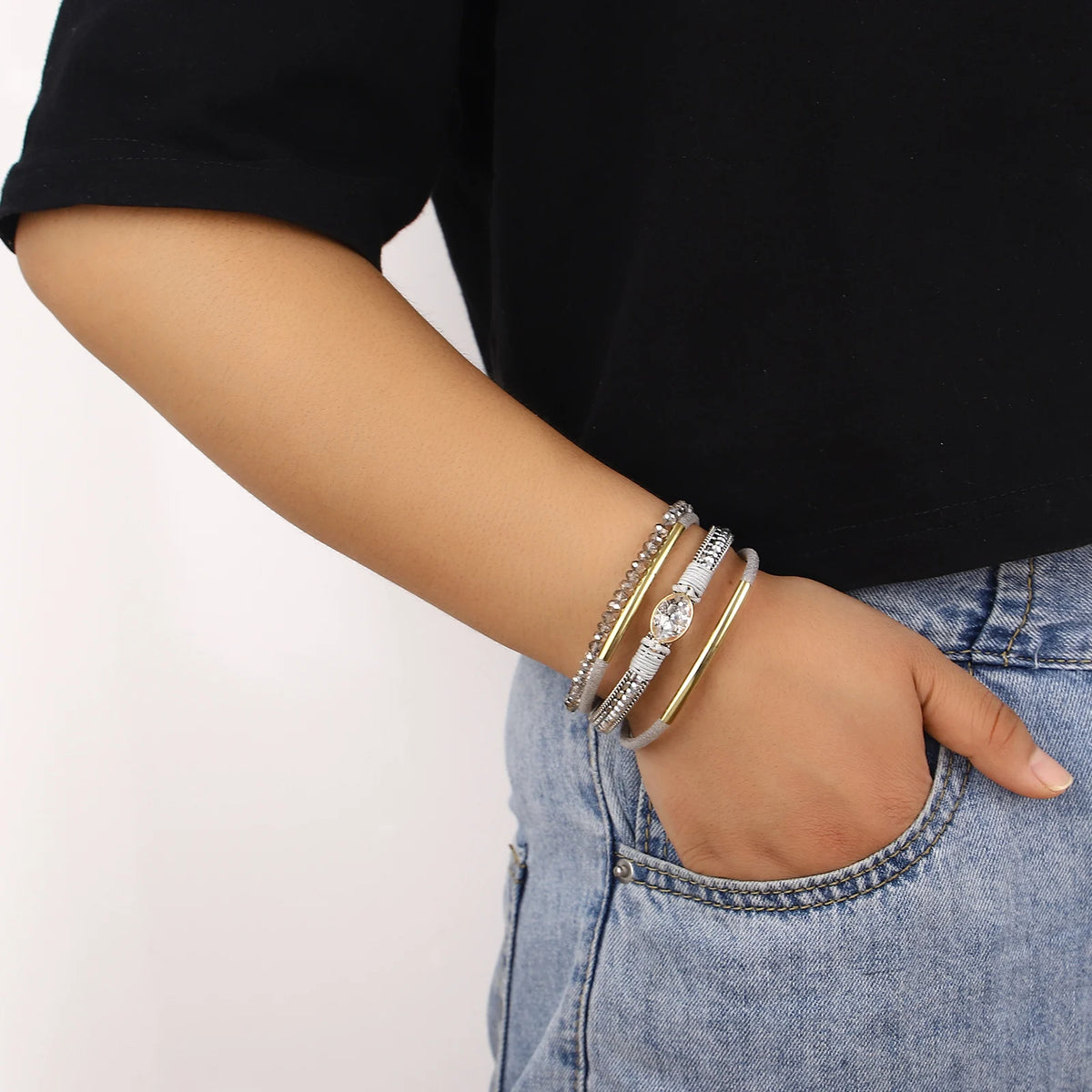 ALLYES Charm Crystal Stone Beaded Leather Bracelet for Women Retro Metal Tube Handmade Braided Multilayer Wrap Bracelets Jewelry