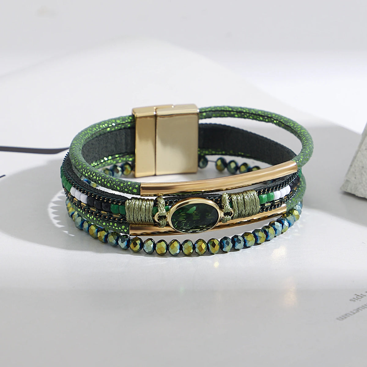 ALLYES Charm Crystal Stone Beaded Leather Bracelet for Women Retro Metal Tube Handmade Braided Multilayer Wrap Bracelets Jewelry