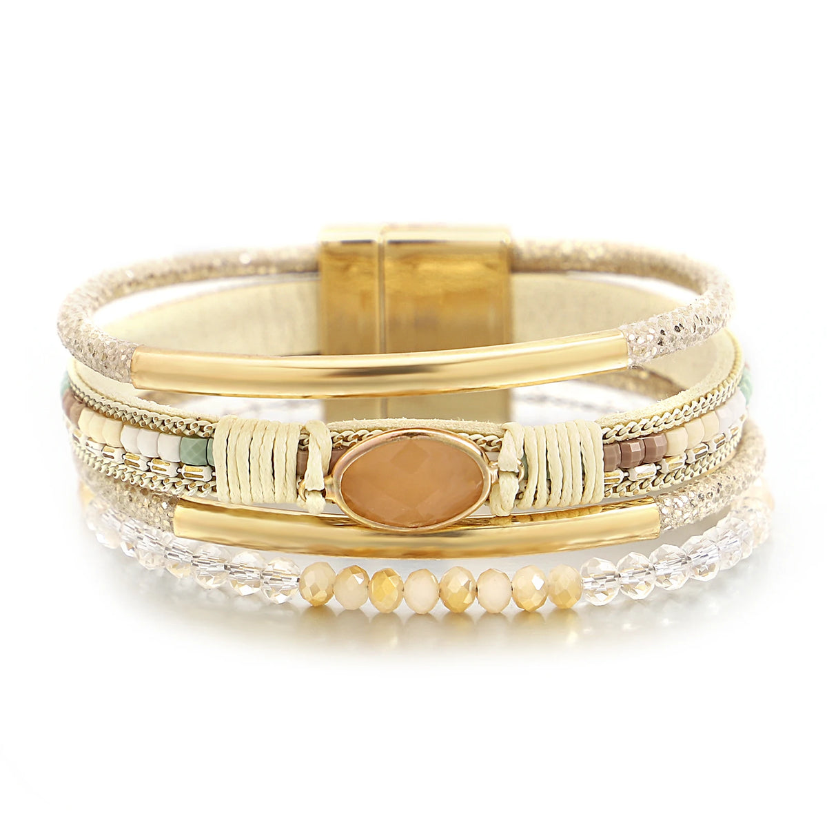ALLYES Charm Crystal Stone Beaded Leather Bracelet for Women Retro Metal Tube Handmade Braided Multilayer Wrap Bracelets Jewelry