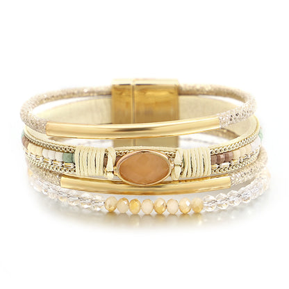 ALLYES Charm Crystal Stone Beaded Leather Bracelet for Women Retro Metal Tube Handmade Braided Multilayer Wrap Bracelets Jewelry