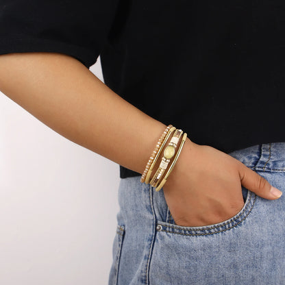 ALLYES Charm Crystal Stone Beaded Leather Bracelet for Women Retro Metal Tube Handmade Braided Multilayer Wrap Bracelets Jewelry