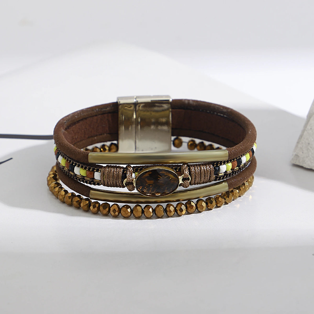 ALLYES Charm Crystal Stone Beaded Leather Bracelet for Women Retro Metal Tube Handmade Braided Multilayer Wrap Bracelets Jewelry