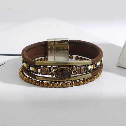 ALLYES Charm Crystal Stone Beaded Leather Bracelet for Women Retro Metal Tube Handmade Braided Multilayer Wrap Bracelets Jewelry