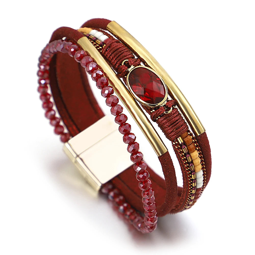 ALLYES Charm Crystal Stone Beaded Leather Bracelet for Women Retro Metal Tube Handmade Braided Multilayer Wrap Bracelets Jewelry