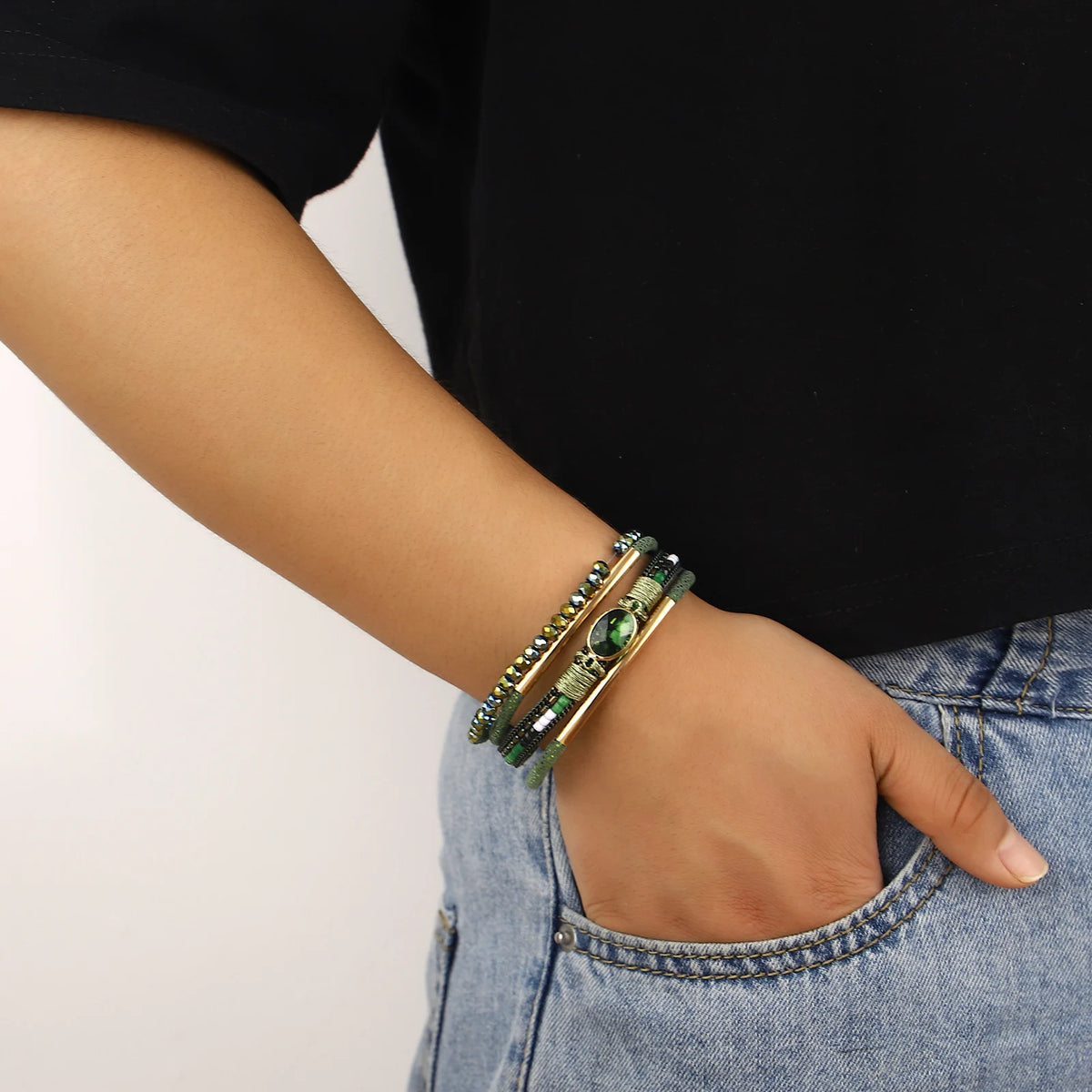 ALLYES Charm Crystal Stone Beaded Leather Bracelet for Women Retro Metal Tube Handmade Braided Multilayer Wrap Bracelets Jewelry
