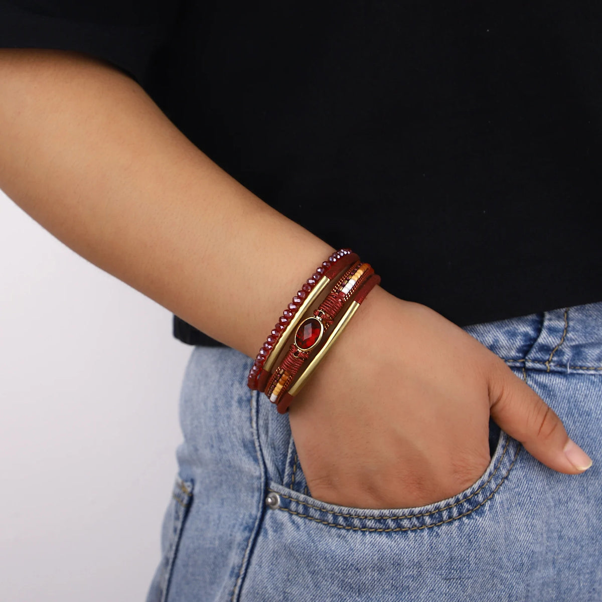 ALLYES Charm Crystal Stone Beaded Leather Bracelet for Women Retro Metal Tube Handmade Braided Multilayer Wrap Bracelets Jewelry