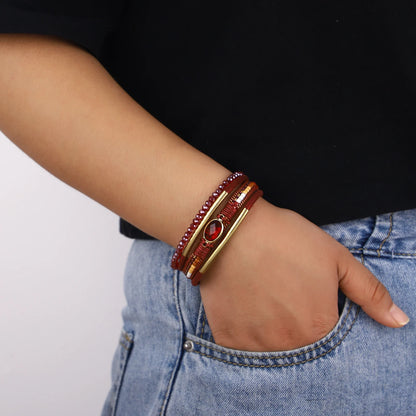 ALLYES Charm Crystal Stone Beaded Leather Bracelet for Women Retro Metal Tube Handmade Braided Multilayer Wrap Bracelets Jewelry