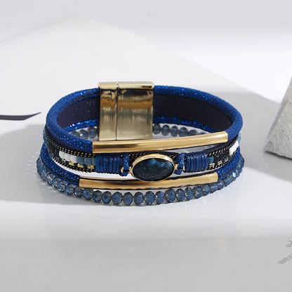 ALLYES Charm Crystal Stone Beaded Leather Bracelet for Women Retro Metal Tube Handmade Braided Multilayer Wrap Bracelets Jewelry