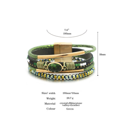 ALLYES Charm Crystal Stone Beaded Leather Bracelet for Women Retro Metal Tube Handmade Braided Multilayer Wrap Bracelets Jewelry