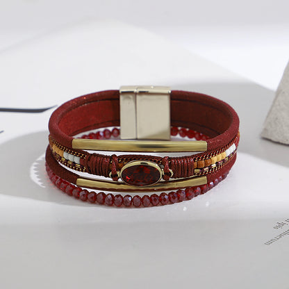 ALLYES Charm Crystal Stone Beaded Leather Bracelet for Women Retro Metal Tube Handmade Braided Multilayer Wrap Bracelets Jewelry