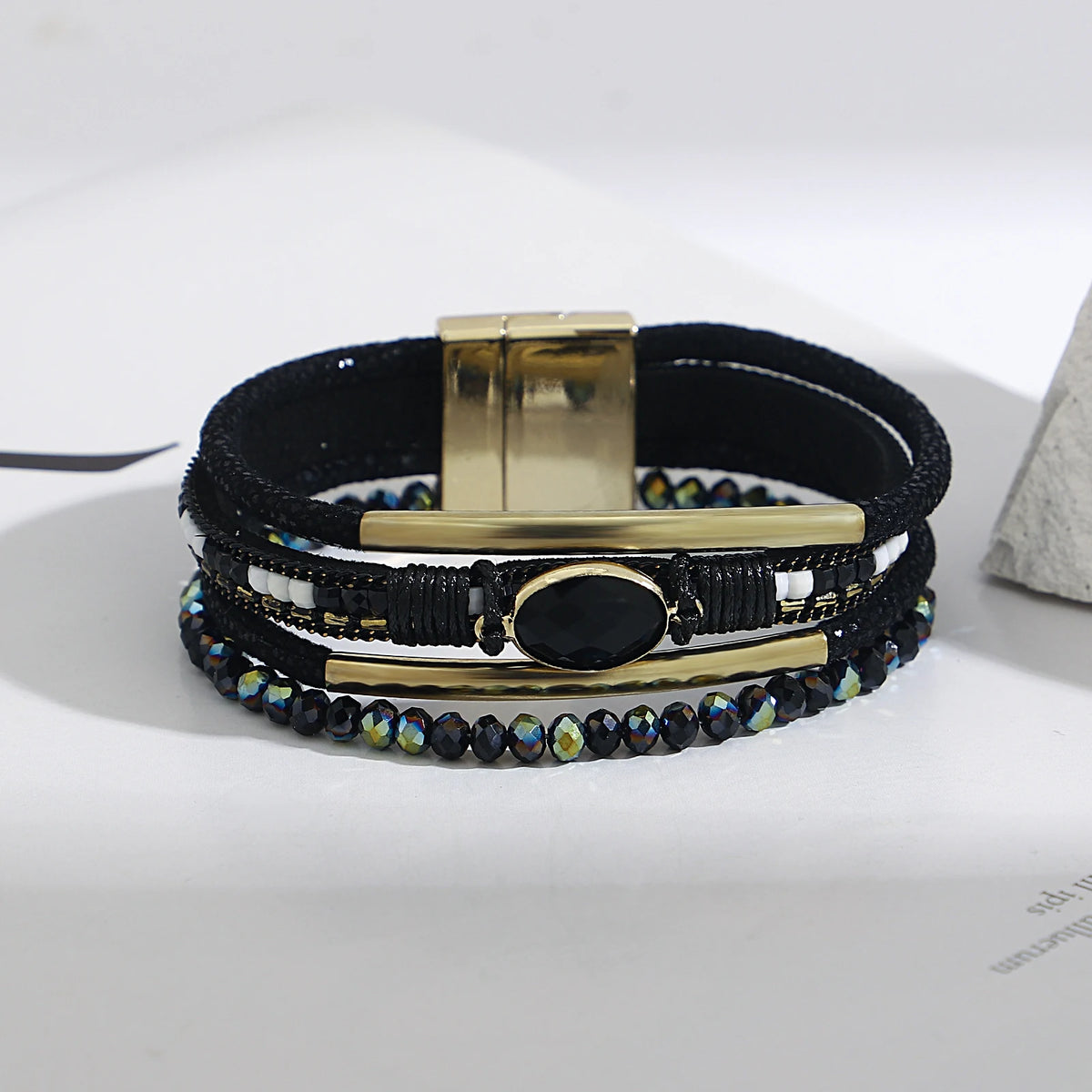 ALLYES Charm Crystal Stone Beaded Leather Bracelet for Women Retro Metal Tube Handmade Braided Multilayer Wrap Bracelets Jewelry