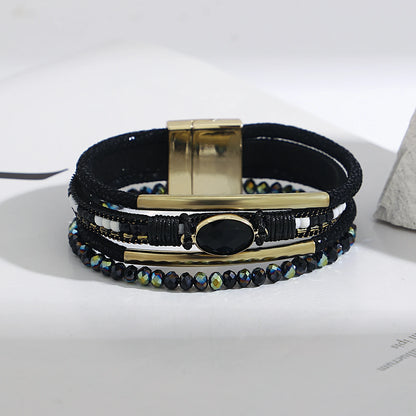 ALLYES Charm Crystal Stone Beaded Leather Bracelet for Women Retro Metal Tube Handmade Braided Multilayer Wrap Bracelets Jewelry
