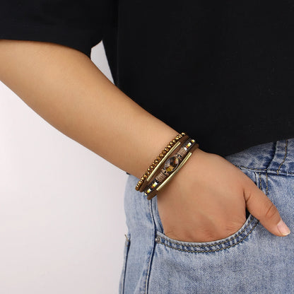 ALLYES Charm Crystal Stone Beaded Leather Bracelet for Women Retro Metal Tube Handmade Braided Multilayer Wrap Bracelets Jewelry