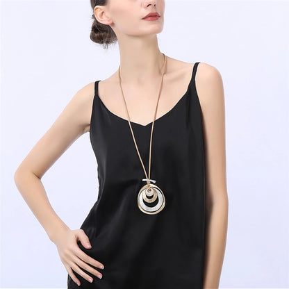 ALLYES Gold Color Multilayer Metal Circles Pendant Necklaces for Women Fashion Long Sweater Chain Collar Necklace Female Jewelry