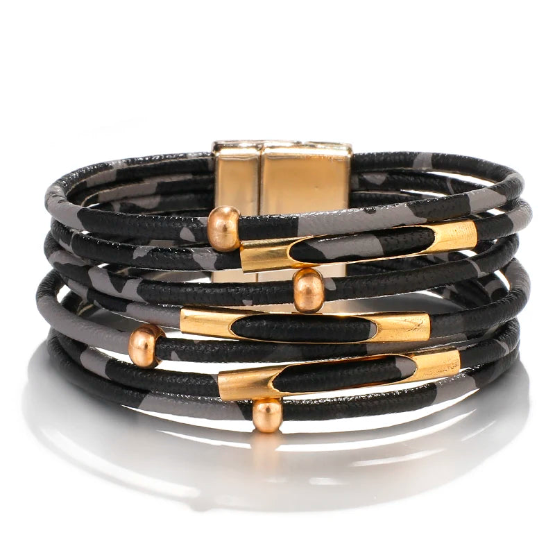 ALLYES Leopard Leather Bracelet Jewelry Fashion Women Metal Tube Ladies Wide Boho Multilayer Wrap Bracelets & Bangles