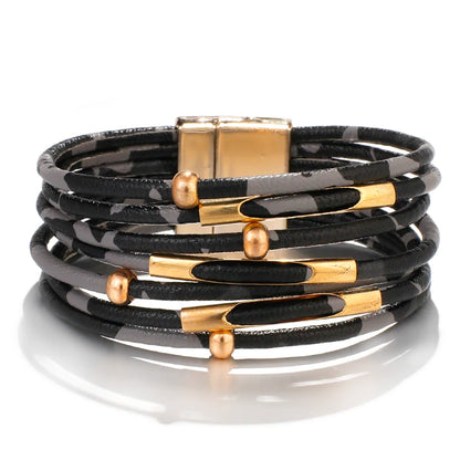 ALLYES Leopard Leather Bracelet Jewelry Fashion Women Metal Tube Ladies Wide Boho Multilayer Wrap Bracelets & Bangles