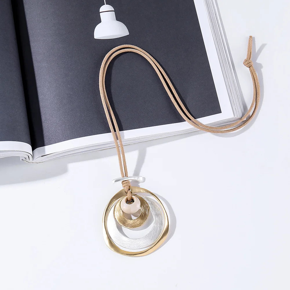 ALLYES Gold Color Multilayer Metal Circles Pendant Necklaces for Women Fashion Long Sweater Chain Collar Necklace Female Jewelry