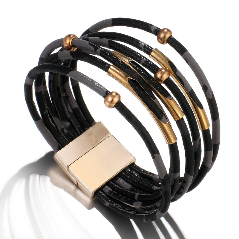ALLYES Leopard Leather Bracelet Jewelry Fashion Women Metal Tube Ladies Wide Boho Multilayer Wrap Bracelets & Bangles