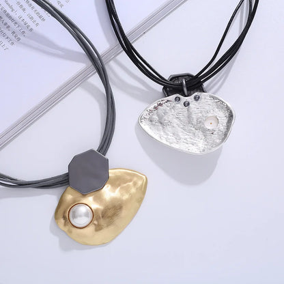 ALLYES Irregular Inlaid Pearl Choker Necklace for Women Vintage Geometric Metal Multilayer Leather Necklaces Clavicle Jewelry