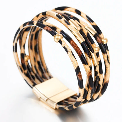 ALLYES Leopard Leather Bracelet Jewelry Fashion Women Metal Tube Ladies Wide Boho Multilayer Wrap Bracelets & Bangles