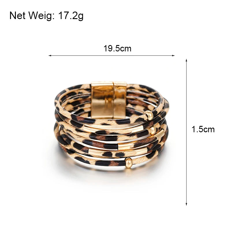ALLYES Leopard Leather Bracelet Jewelry Fashion Women Metal Tube Ladies Wide Boho Multilayer Wrap Bracelets & Bangles