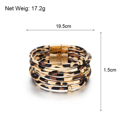ALLYES Leopard Leather Bracelet Jewelry Fashion Women Metal Tube Ladies Wide Boho Multilayer Wrap Bracelets & Bangles