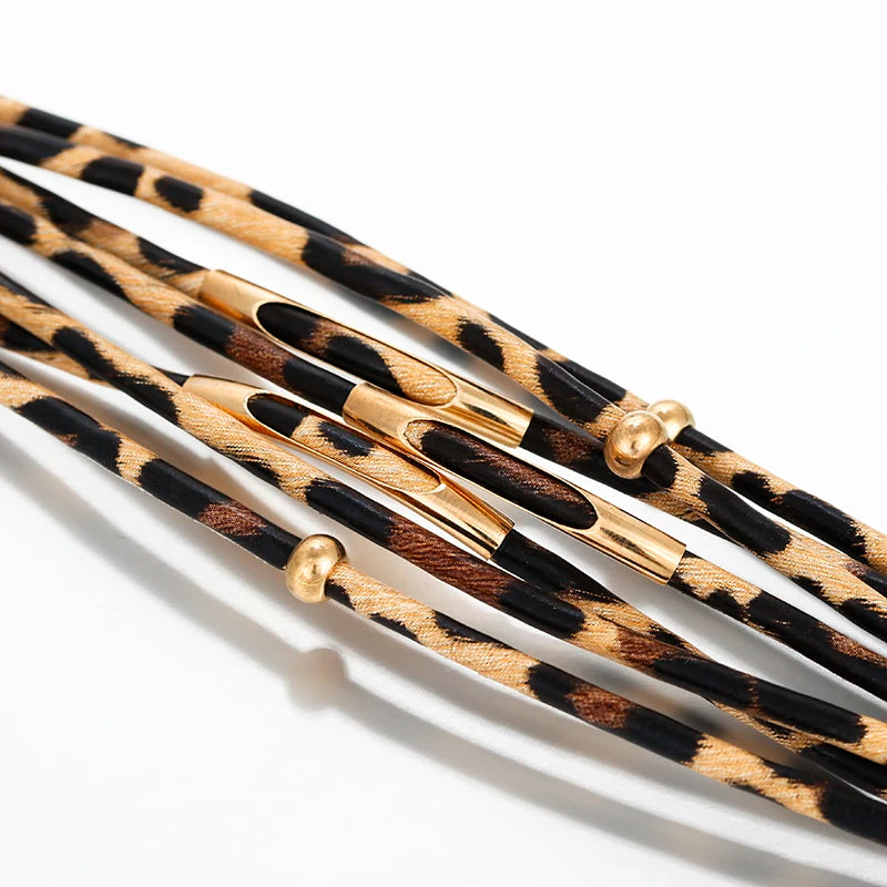 ALLYES Leopard Leather Bracelet Jewelry Fashion Women Metal Tube Ladies Wide Boho Multilayer Wrap Bracelets & Bangles