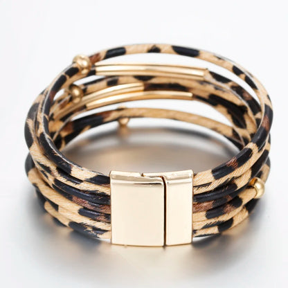 ALLYES Leopard Leather Bracelet Jewelry Fashion Women Metal Tube Ladies Wide Boho Multilayer Wrap Bracelets & Bangles
