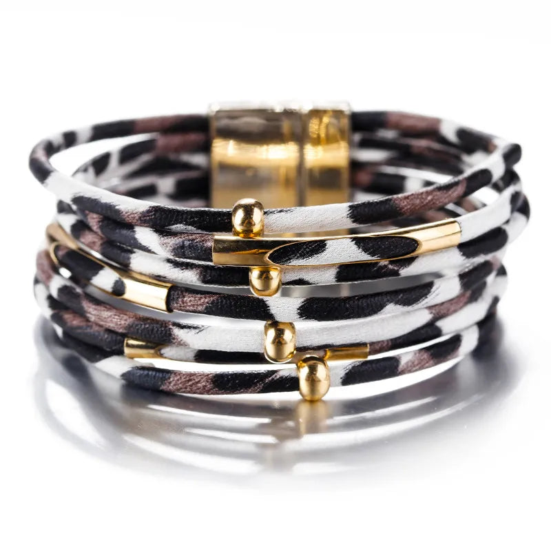 ALLYES Leopard Leather Bracelet Jewelry Fashion Women Metal Tube Ladies Wide Boho Multilayer Wrap Bracelets & Bangles