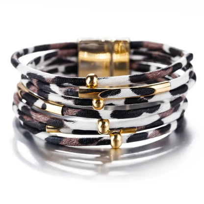ALLYES Leopard Leather Bracelet Jewelry Fashion Women Metal Tube Ladies Wide Boho Multilayer Wrap Bracelets & Bangles