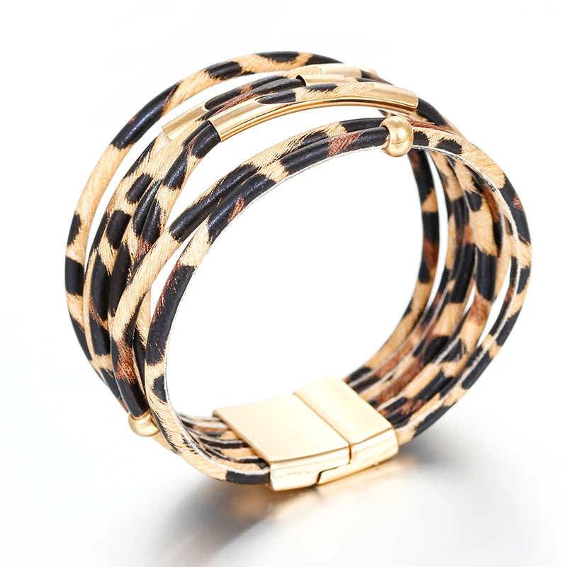ALLYES Leopard Leather Bracelet Jewelry Fashion Women Metal Tube Ladies Wide Boho Multilayer Wrap Bracelets & Bangles