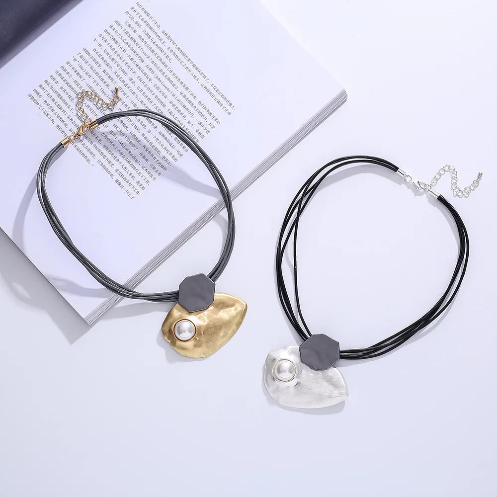 ALLYES Irregular Inlaid Pearl Choker Necklace for Women Vintage Geometric Metal Multilayer Leather Necklaces Clavicle Jewelry