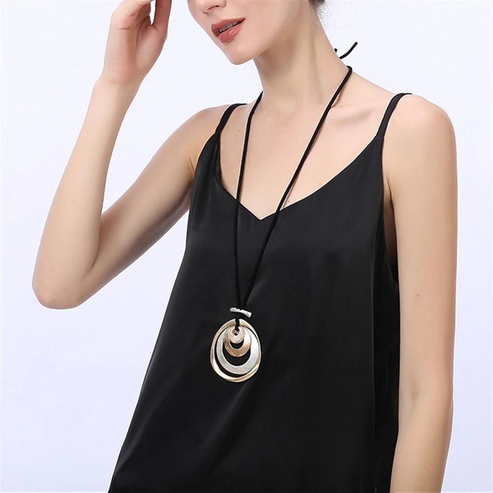 ALLYES Gold Color Multilayer Metal Circles Pendant Necklaces for Women Fashion Long Sweater Chain Collar Necklace Female Jewelry