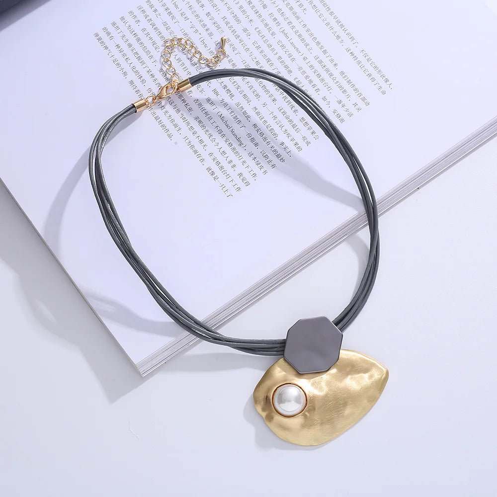 ALLYES Irregular Inlaid Pearl Choker Necklace for Women Vintage Geometric Metal Multilayer Leather Necklaces Clavicle Jewelry