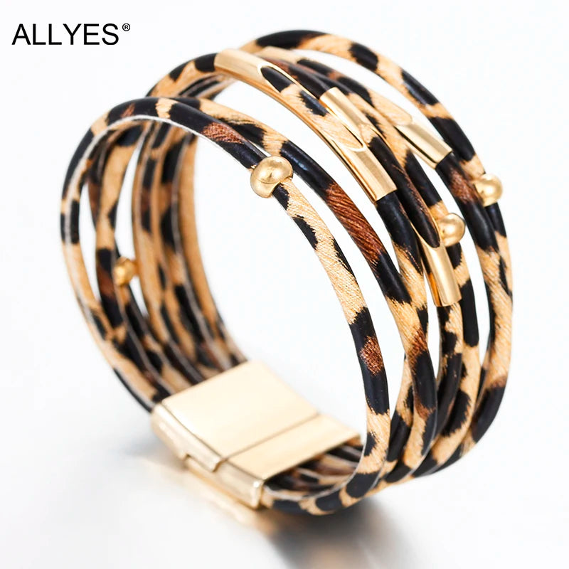 ALLYES Leopard Leather Bracelet Jewelry Fashion Women Metal Tube Ladies Wide Boho Multilayer Wrap Bracelets & Bangles