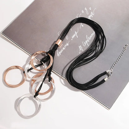 ALLYES Vintage Textured Two Tone Circle Tassel Pendant Necklace Chunky Multilayer Black Leather Necklaces Sweater Chain