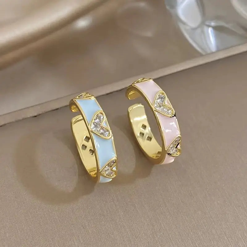 ALLYES Romantic Enamel Heart Zirconia Open Ring for Women Exquisite Gold Plated Copper Finger Rings Valentine's Day Gifts