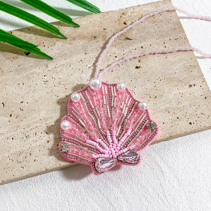 ALLYES Chic Pink Handcrafted Beaded Bowknot Scallop Keychain, Fashion Mobile Phone Handbag Hanging, Charms Keyring Accessories