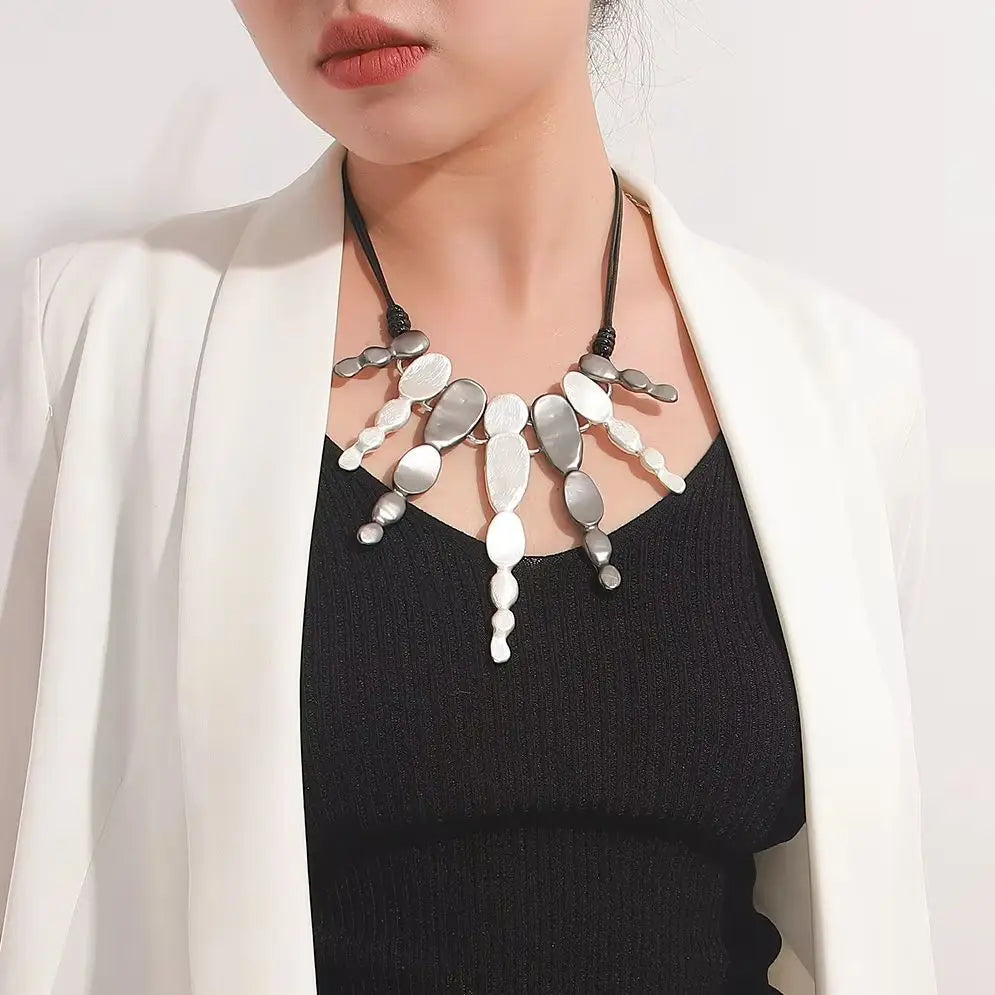 ALLYES Ethnic Silver Color Irregular Multilayer Pendant Necklace Bohemian Leather Rope Choker Necklaces Statement Jewelry