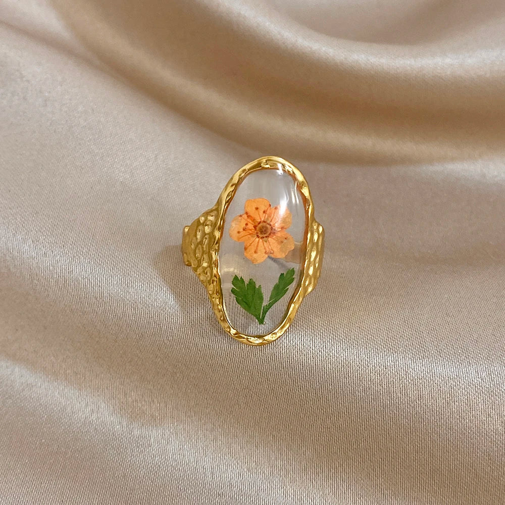ALLYES Elegant Natural Flower Plant Oval Open Rings for Women Hammered Gold Plated Stainless Steel Finger Ring Jewelry Gifts