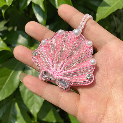 ALLYES Chic Pink Handcrafted Beaded Bowknot Scallop Keychain, Fashion Mobile Phone Handbag Hanging, Charms Keyring Accessories