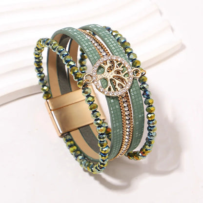 ALLYES Vintage Tree of Life Leather Bracelet for Women Multilayer Crystal Beads Chain Wrap Bracelets & Bangles Party Jewelry